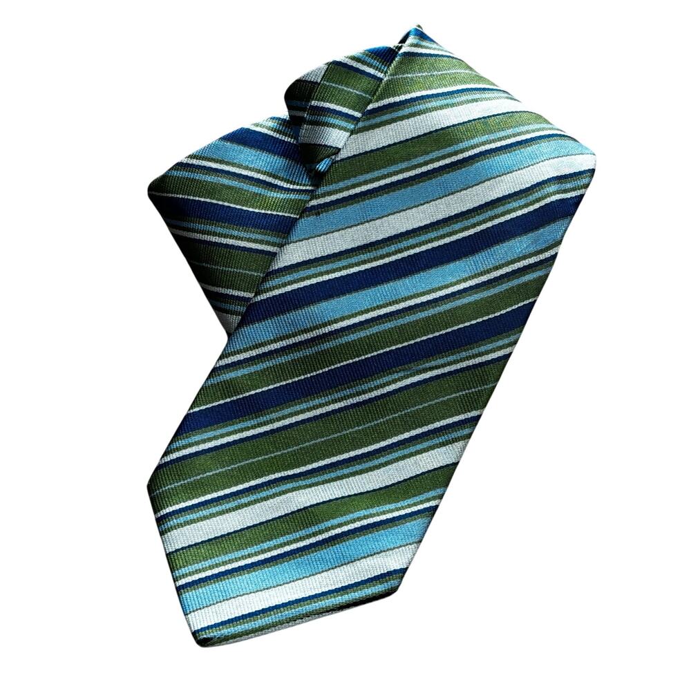 Vintage Burberry London long silk necktie green blue stripe hand made in England - Picture 13 of 13